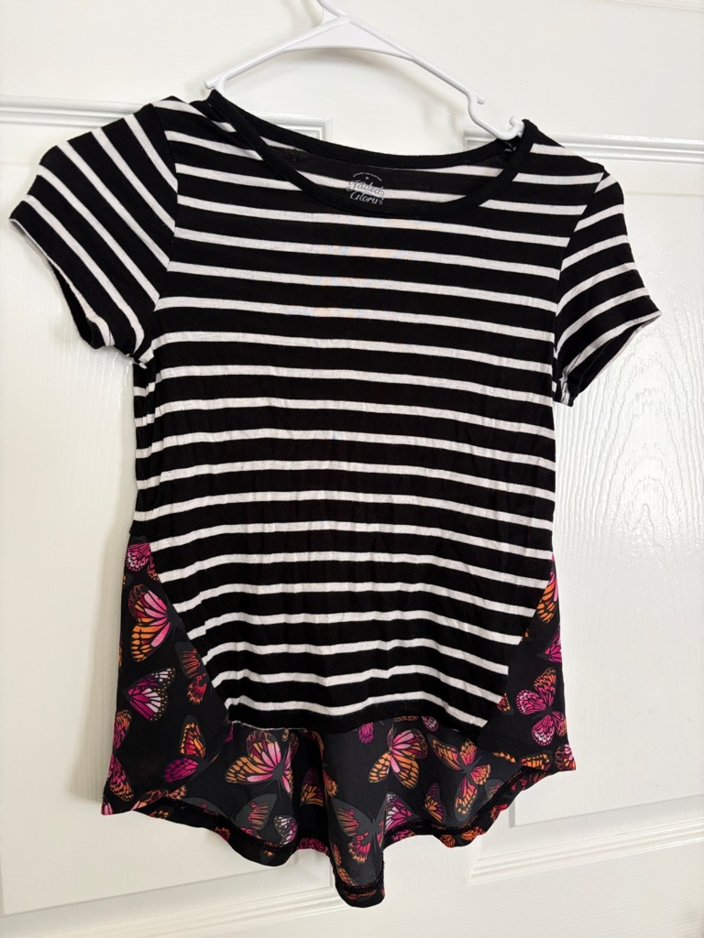 Faded Glory Black & White Striped Short Sleeve Top with Butterfly Hem